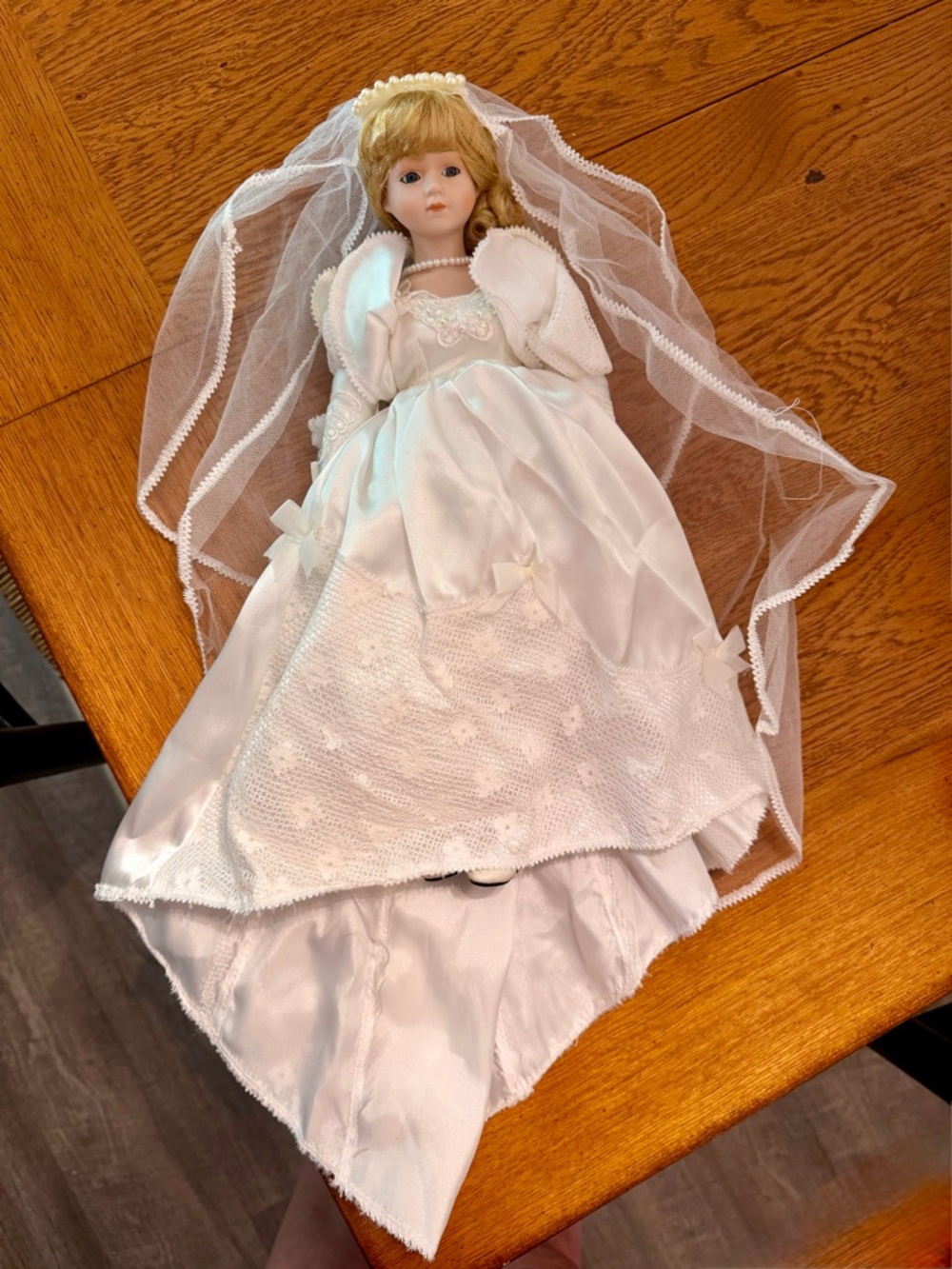 Vintage Porcelain Bride Doll in White Gown with Veil
